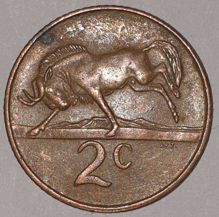 1986 - 2 CENT COIN (TWO CENT COIN) - RSA - BRONZE - KM#83 - BILINGUAL LEGEND - WILDEBEEST